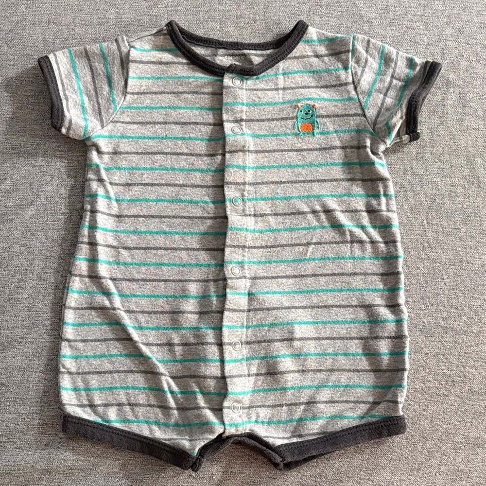Carter's Gray and Green Striped Monster Bodysuit Outfit - 12 months